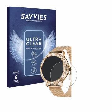 Face avant d’un emballage produit avec le logo de la marque Savvies. À côté, l’appareil walkbee Smartwatch 1.3