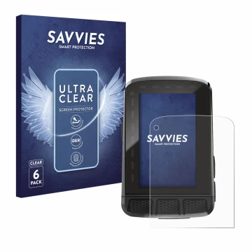 Face avant d’un emballage produit avec le logo de la marque Savvies. À côté, l’appareil Wahoo Elemnt Roam V2 GPS est représent