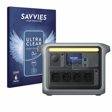 Face avant d’un emballage produit avec le logo de la marque Savvies. À côté, l’appareil Anker SOLIX C1000X est représenté avec
