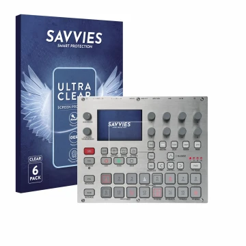 Face avant d’un emballage produit avec le logo de la marque Savvies. À côté, l’appareil Elektron Syntakt E25 Remix Edition est