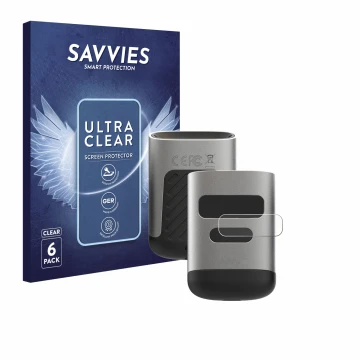 Face avant d’un emballage produit avec le logo de la marque Savvies. À côté, l’appareil Opticon OPN-6000 (Écran) est représent