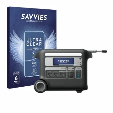 Face avant d’un emballage produit avec le logo de la marque Savvies. À côté, l’appareil Anker SOLIX F2000 est représenté avec 