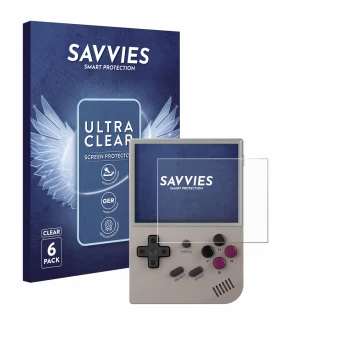 Face avant d’un emballage produit avec le logo de la marque Savvies. À côté, l’appareil Anbernic RG35XX Plus est représenté av
