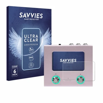 Face avant d’un emballage produit avec le logo de la marque Savvies. À côté, l’appareil Hotone Ampero Mini est représenté avec