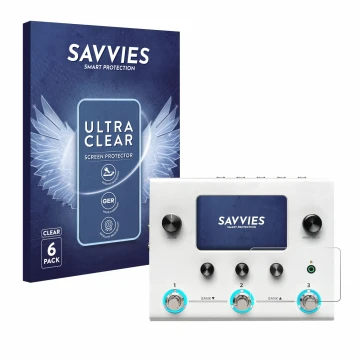 Face avant d’un emballage produit avec le logo de la marque Savvies. À côté, l’appareil Hotone Ampero II Stomp est représenté 