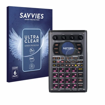 Face avant d’un emballage produit avec le logo de la marque Savvies. À côté, l’appareil Roland SP-404MKII est représenté avec 