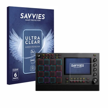 Face avant d’un emballage produit avec le logo de la marque Savvies. À côté, l’appareil Akai MPC Live II est représenté avec l