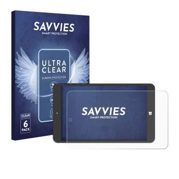 Face avant d’un emballage produit avec le logo de la marque Savvies. À côté, l’appareil SZTPS Tablet 8