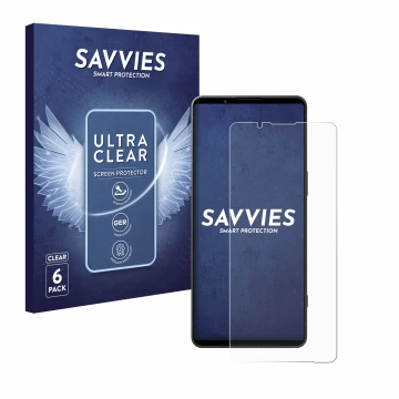 Face avant d’un emballage produit avec le logo de la marque Savvies. À côté, l’appareil Sony Xperia 1 VI est représenté avec l