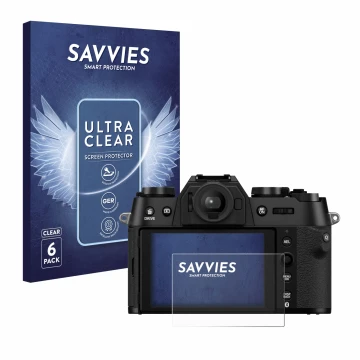 Face avant d’un emballage produit avec le logo de la marque Savvies. À côté, l’appareil Fujifilm X-T50 est représenté avec la 