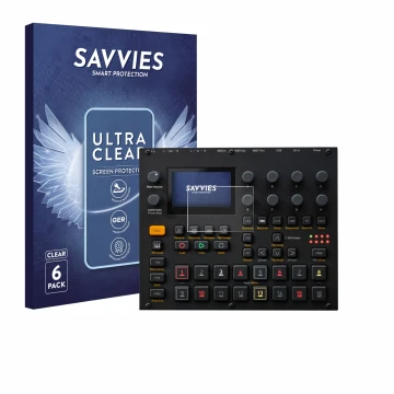 Face avant d’un emballage produit avec le logo de la marque Savvies. À côté, l’appareil Elektron Digitakt II est représenté av