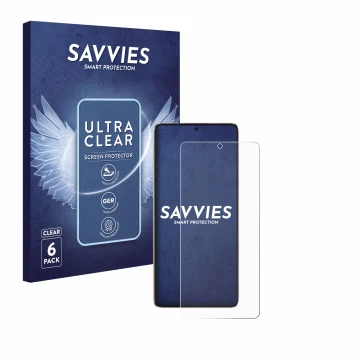 Face avant d’un emballage produit avec le logo de la marque Savvies. À côté, l’appareil Xiaomi Poco F6 est représenté avec la 