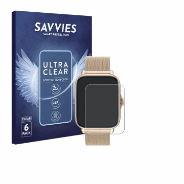 Face avant d’un emballage produit avec le logo de la marque Savvies. À côté, l’appareil Smartwatch Y22 1.7
