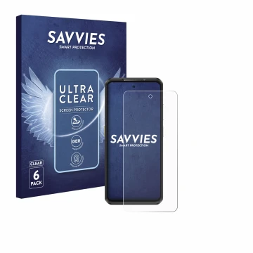 Face avant d’un emballage produit avec le logo de la marque Savvies. À côté, l’appareil Ulefone Armor 25T Pro est représenté a