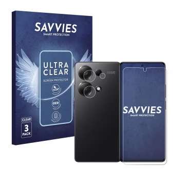Face avant d’un emballage produit avec le logo de la marque Savvies. À côté, l’appareil Xiaomi Redmi Note 13 Pro 4G (Avant+Cam