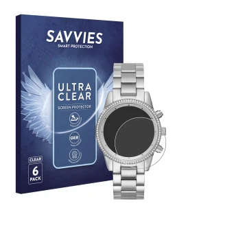 Face avant d’un emballage produit avec le logo de la marque Savvies. À côté, l’appareil Michael Kors Ritz MK6428 est représent
