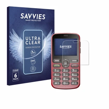 Face avant d’un emballage produit avec le logo de la marque Savvies. À côté, l’appareil Doro 1880 est représenté avec la prote