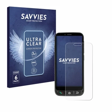 Face avant d’un emballage produit avec le logo de la marque Savvies. À côté, l’appareil SPC Zeus 4G Pro est représenté avec la