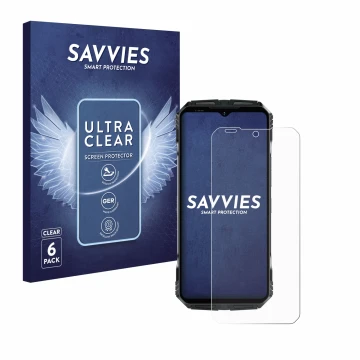 Face avant d’un emballage produit avec le logo de la marque Savvies. À côté, l’appareil Doogee S118 est représenté avec la pro