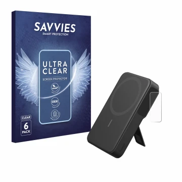 Face avant d’un emballage produit avec le logo de la marque Savvies. À côté, l’appareil Anker MagGo est représenté avec la pro