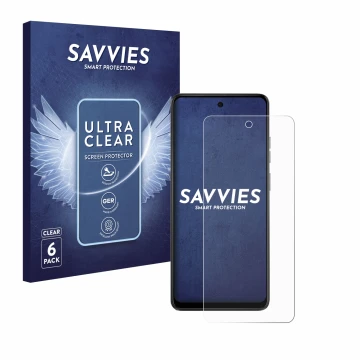 Face avant d’un emballage produit avec le logo de la marque Savvies. À côté, l’appareil Motorola Moto E14 est représenté avec 