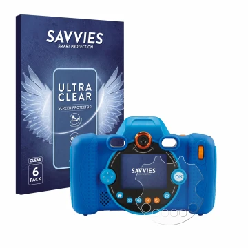Face avant d’un emballage produit avec le logo de la marque Savvies. À côté, l’appareil Vtech Kidizoom Duo FX est représenté a