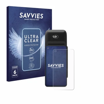 Face avant d’un emballage produit avec le logo de la marque Savvies. À côté, l’appareil Verifone T650c est représenté avec la 