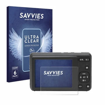 Face avant d’un emballage produit avec le logo de la marque Savvies. À côté, l’appareil Kodak Pixpro FZ55 est représenté avec 