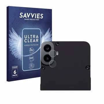Face avant d’un emballage produit avec le logo de la marque Savvies. À côté, l’appareil Nothing CMF Phone 1 (Caméra UNIQUEMENT