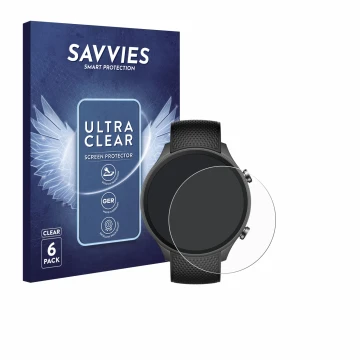 Face avant d’un emballage produit avec le logo de la marque Savvies. À côté, l’appareil OnePlus watch 2R est représenté avec l