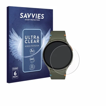 Face avant d’un emballage produit avec le logo de la marque Savvies. À côté, l’appareil Samsung Galaxy Watch 7 (44 mm) est rep