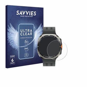 Face avant d’un emballage produit avec le logo de la marque Savvies. À côté, l’appareil Samsung Galaxy Watch Ultra (47 mm) est
