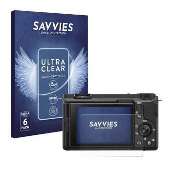 Face avant d’un emballage produit avec le logo de la marque Savvies. À côté, l’appareil Sony Alpha ZV-E10 II est représenté av