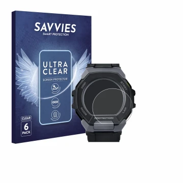 Face avant d’un emballage produit avec le logo de la marque Savvies. À côté, l’appareil Casio G-Shock G-Squad GBD-300 est repr