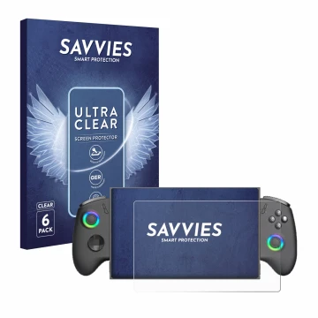 Face avant d’un emballage produit avec le logo de la marque Savvies. À côté, l’appareil OneXPlayer X1 Mini est représenté avec