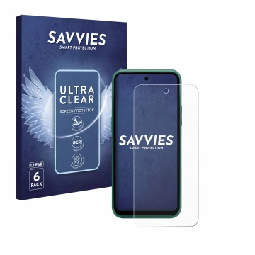 Face avant d’un emballage produit avec le logo de la marque Savvies. À côté, l’appareil Nokia XR21 Limited Edition est représe
