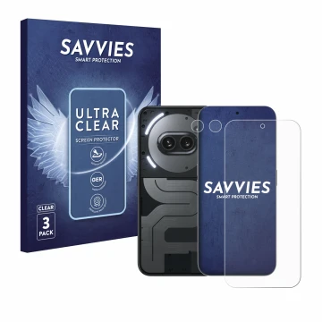 Face avant d’un emballage produit avec le logo de la marque Savvies. À côté, l’appareil Nothing Phone (2a) Plus (Avant+Caméra)