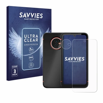 Face avant d’un emballage produit avec le logo de la marque Savvies. À côté, l’appareil Gigaset GX4 Pro (Avant+Caméra) est rep