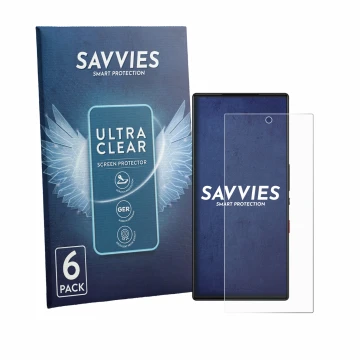 Face avant d’un emballage produit avec le logo de la marque Savvies. À côté, l’appareil ZTE Nubia Red Magic 9S Pro est représe