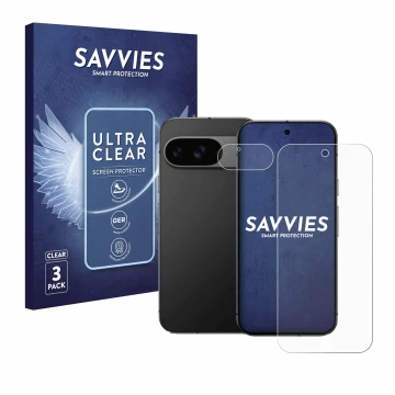 Face avant d’un emballage produit avec le logo de la marque Savvies. À côté, l’appareil Google Pixel 9 (Avant+Caméra) est repr
