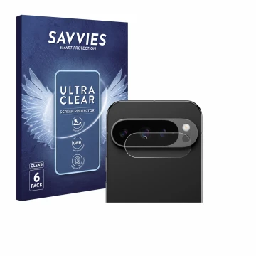 Face avant d’un emballage produit avec le logo de la marque Savvies. À côté, l’appareil Google Pixel 9 Pro (Caméra UNIQUEMENT)