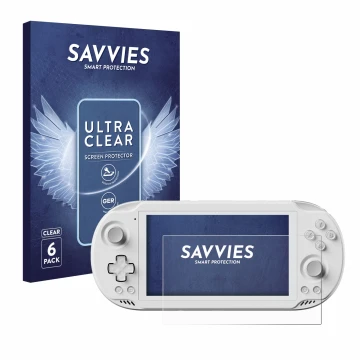 Face avant d’un emballage produit avec le logo de la marque Savvies. À côté, l’appareil AYN Odin 2 Mini est représenté avec la
