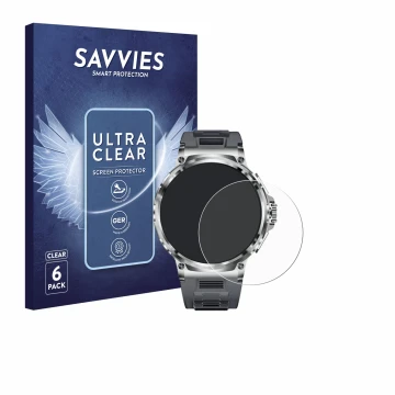 Face avant d’un emballage produit avec le logo de la marque Savvies. À côté, l’appareil Smartwatch V69 1.85