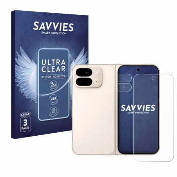 Face avant d’un emballage produit avec le logo de la marque Savvies. À côté, l’appareil Google Pixel 9 Pro Fold (Avant+Caméra)