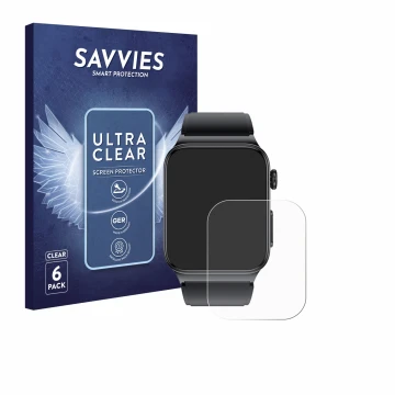 Face avant d’un emballage produit avec le logo de la marque Savvies. À côté, l’appareil andoer Smartwatch 1.85
