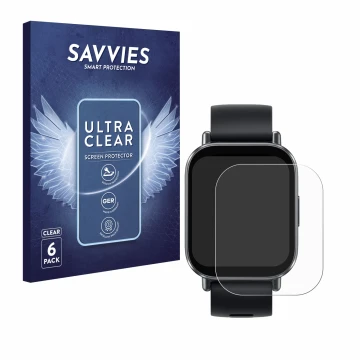 Face avant d’un emballage produit avec le logo de la marque Savvies. À côté, l’appareil Xiaomi Redmi Watch 5 Active est représ