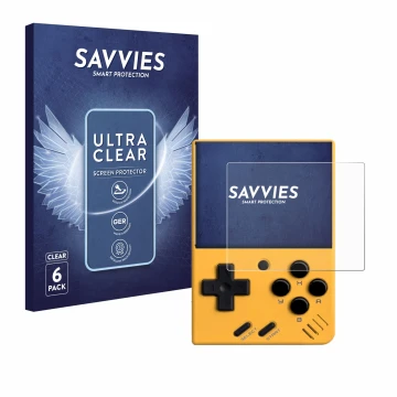 Face avant d’un emballage produit avec le logo de la marque Savvies. À côté, l’appareil Miyoo Mini V4 est représenté avec la p