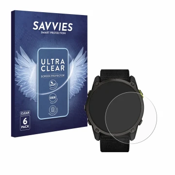 Face avant d’un emballage produit avec le logo de la marque Savvies. À côté, l’appareil Garmin Enduro 3 est représenté avec la
