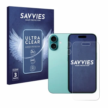 Face avant d’un emballage produit avec le logo de la marque Savvies. À côté, l’appareil Apple iPhone 16 (Avant+Caméra) est rep