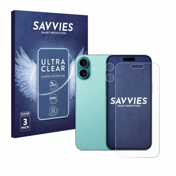 Face avant d’un emballage produit avec le logo de la marque Savvies. À côté, l’appareil Apple iPhone 16 Plus (Avant+Caméra) es